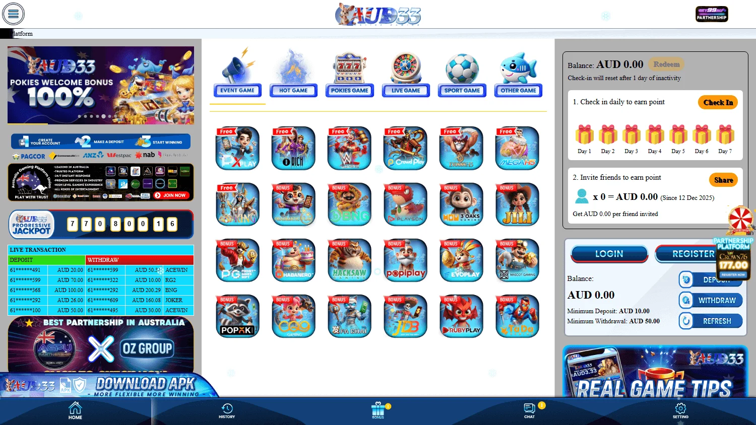 Aud33 Casino game selection with slots, table games and live formats