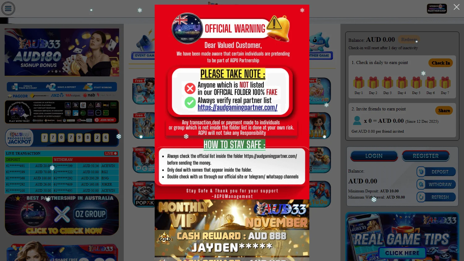 Aud33 Casino home experience with the welcome offer and AUD-focused casino information